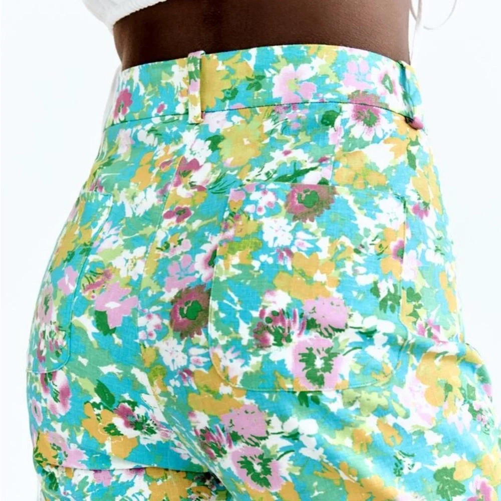 ZARA PRINTED‎ LINEN-BLEND MINI FLARE TROUSERS